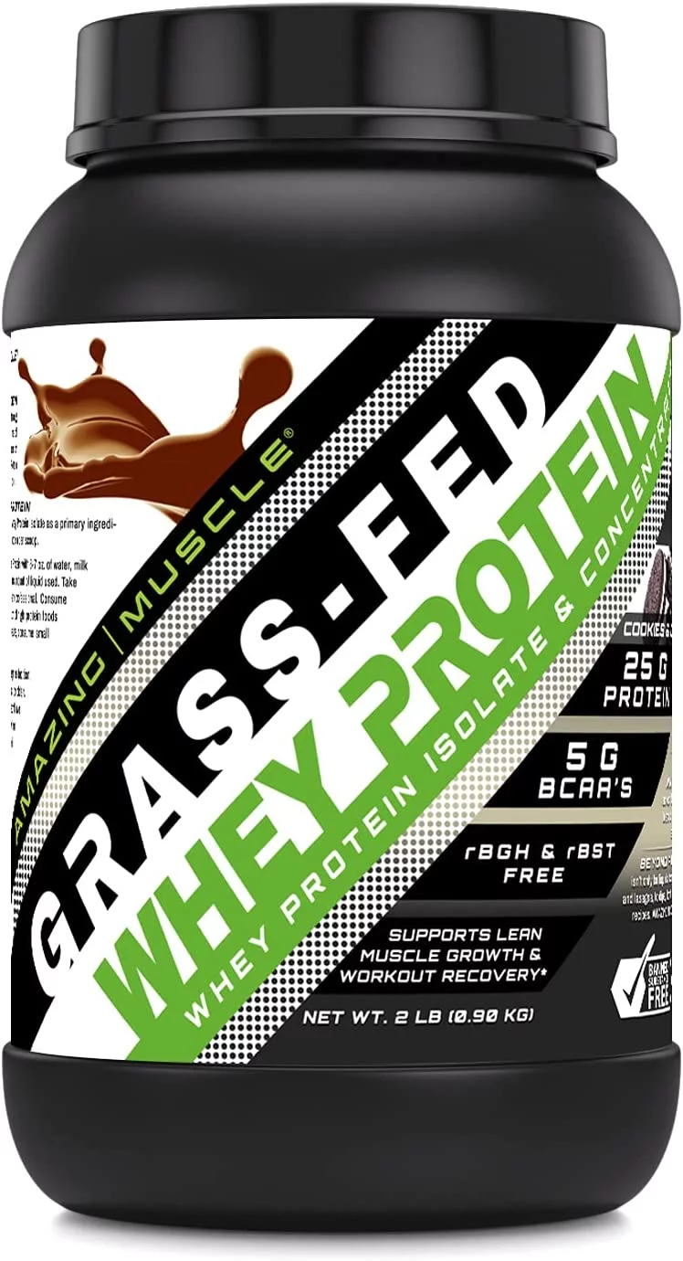 Amazing Muscle Grass Fed Whey Protein (Isolate & Concentrate) - 2Lbs - Cookies & Cream Flavor