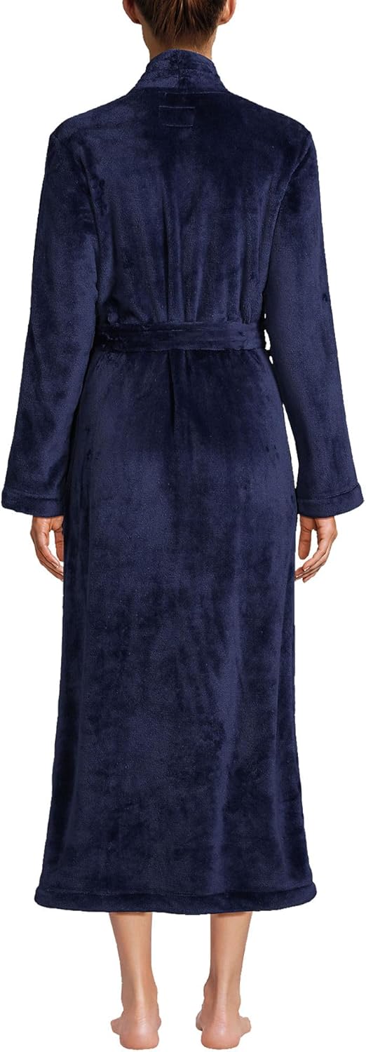 Lands' End Womens Cozy Plush Long Wrap Robe Deep Sea Navy Regular Small