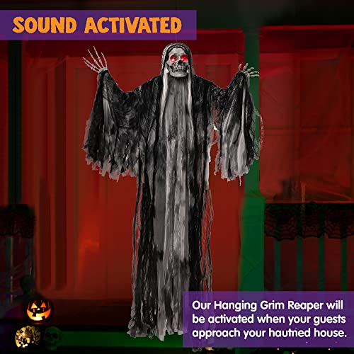 JOYIN 59” Halloween Animated Hanging Grim Reaper Outdoor Decorations with Glowing Eyes and Creepy Sound, Halloween Skeleton Ghost Decoration for Haunted House Prop Graveyard Lawn Indoor Party Supplies