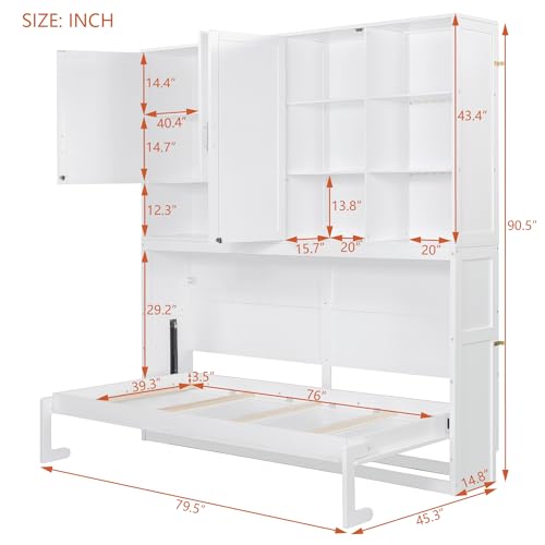 SOFTSEA Twin Murphy Bed with Storage Bookcase and Shelves, Horizontal Wall Bed with LED Light & Charging Stations, Space-Saving for Living Room, Guest Room, Bedroom, Office, Grey
