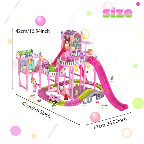 Dream Dollhouse, Racing Track, Dolls House playset with Toy Furniture and 4 Level Slide, Furniture, 3 Doll and 1 Buggy Toy and 10+ Tracks Pet and Puppy Play Area 13 Rooms