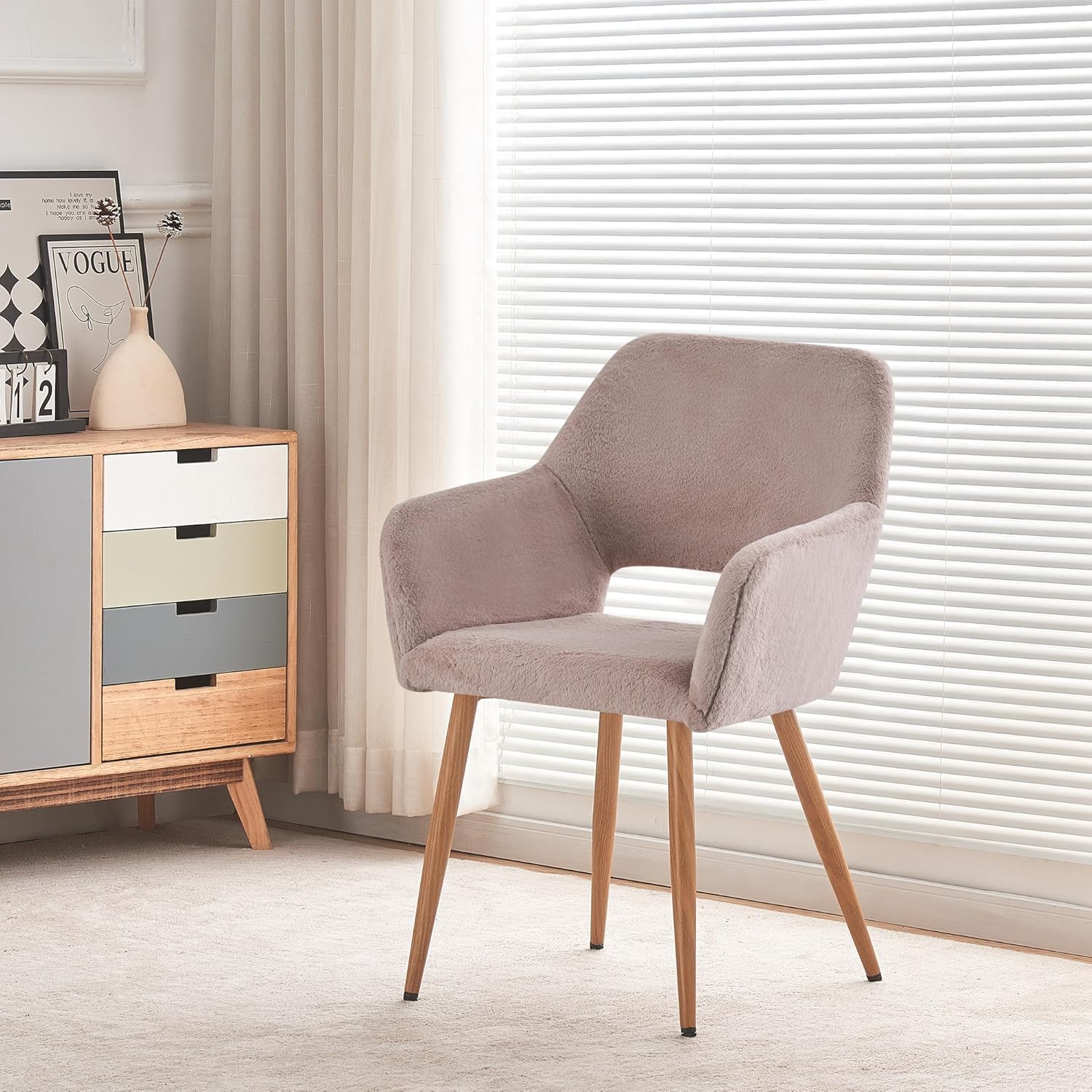 Faux Fur Side Reception Chair, Vanity Chair Desk Chair Small Home Office Accent Chair Cute Chair with Wood Metal Legs for Bedroom Makeup Living Room,Grey