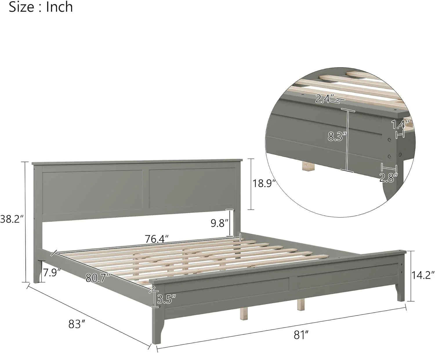 Kig Size Platform Bed With Headboard, Moder Woode Kig Bed Frame With Slat Support, Kig Size Beds For Kids Tees Adults, o Box Sprig eed, Grey