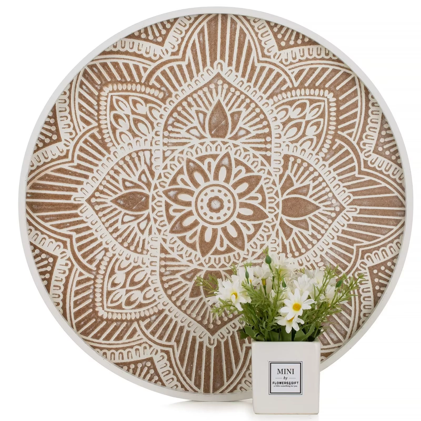 Hanobe Round Wood Decorative Tray Rustic Coffee Table Tray Farmhouse Tray Decor White Washed Centerpiece Wooden Serving Trays Rounded Tray for Kitchen Counter Boho Ottoman Tray for Home