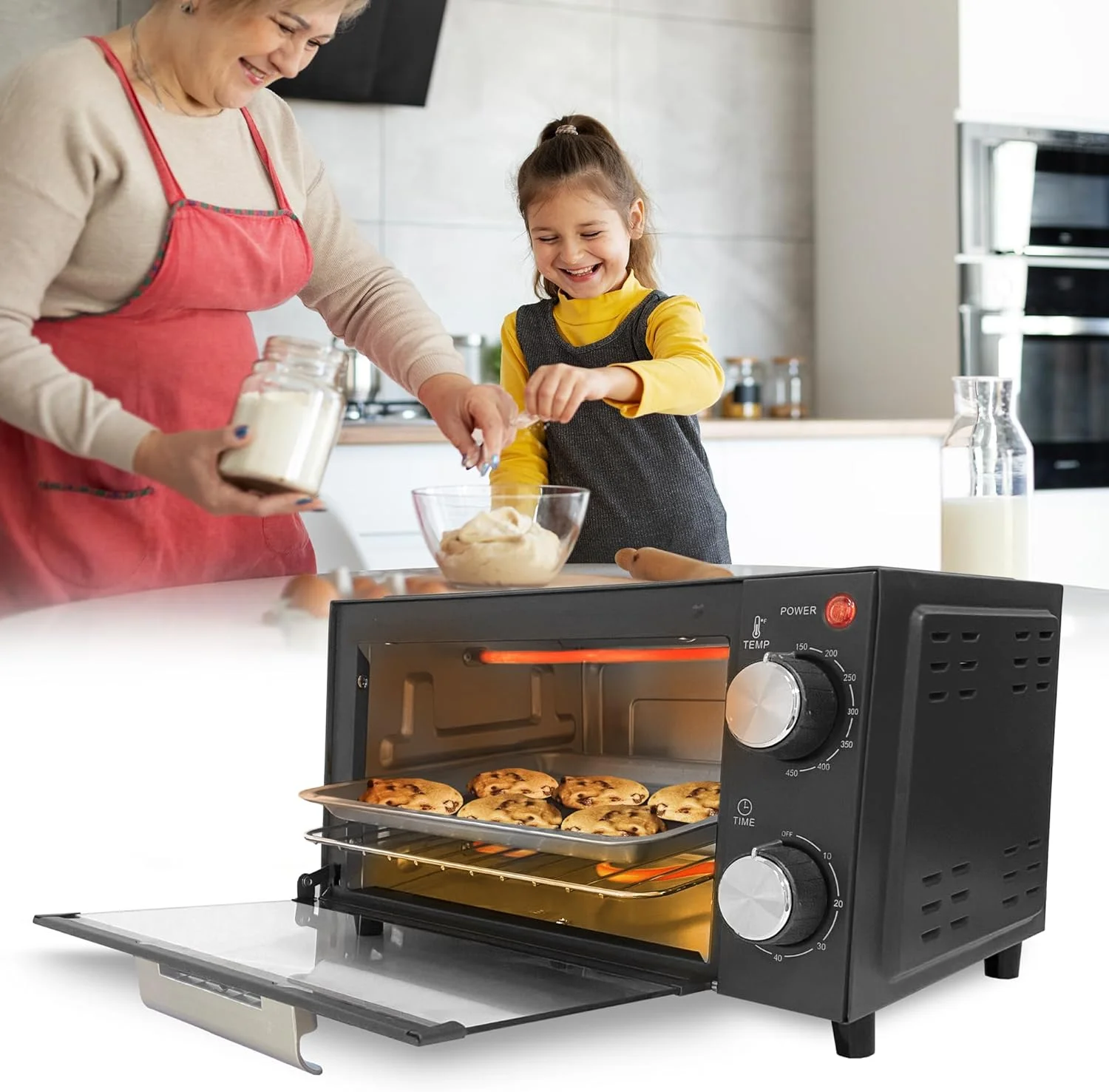 Countertop Toaster Oven With Baking Tray, Bake Toast Cook And Broil, Temperature Control, 60 Minute Timer Knob, Automatic Shutoff, Baking Tray And Crumb Tray Included, Black