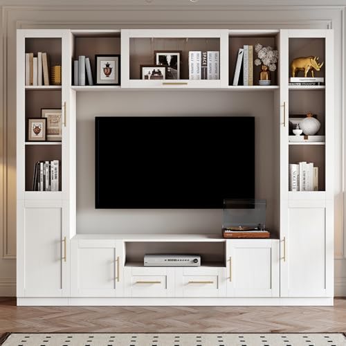Entertainment Wall Unit, 4-Piece Large TV Stand Wall Unit Entertainment Center with Bookshelves & Storage, Wall Media Center with Shelves for TVs Up to 70