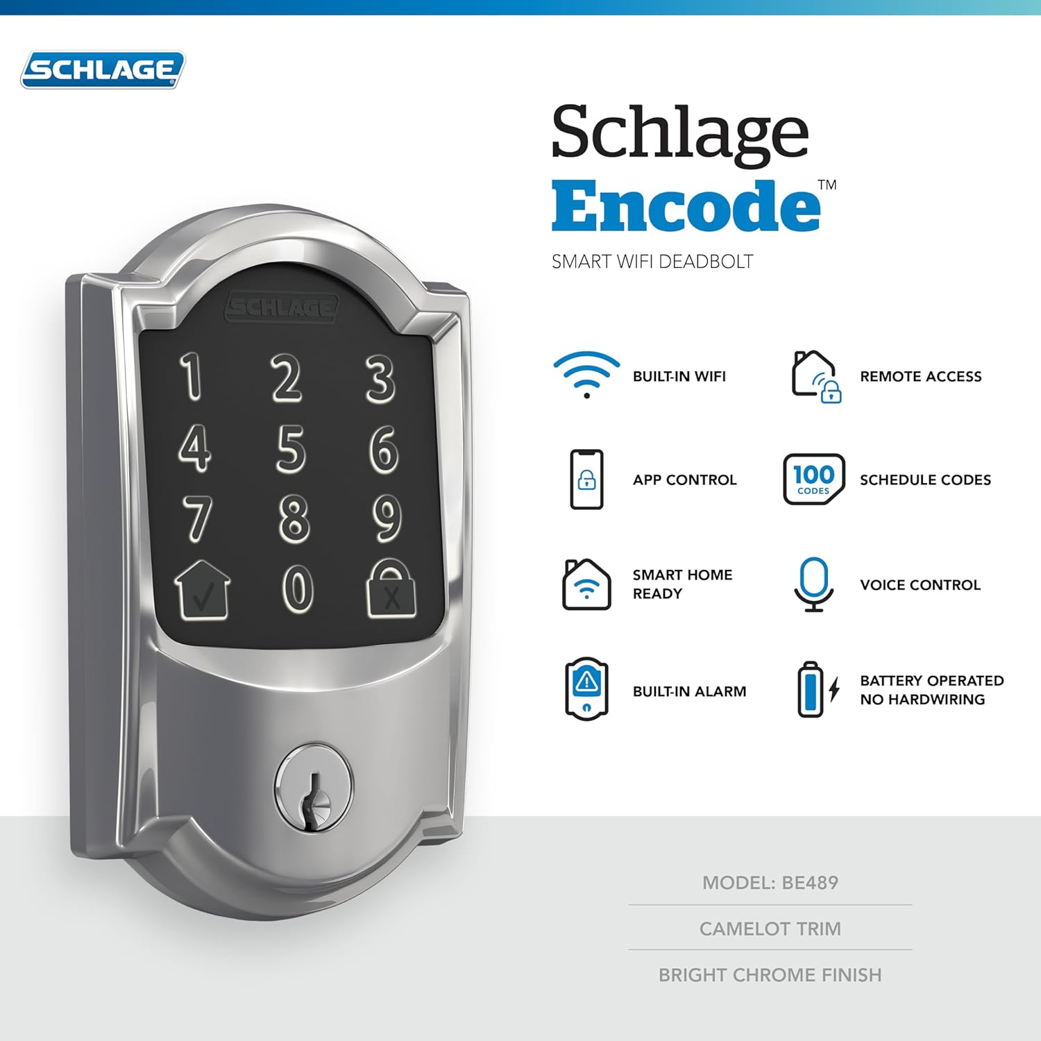 Schlage Encode Smart WiFi Deadbolt with Camelot Trim In Bright Chrome