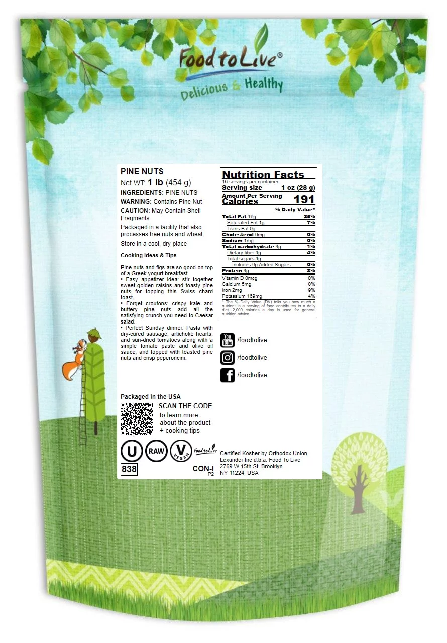 Pine Nuts, 1 Pound — Kosher, Vegan, Raw — by Food to Live