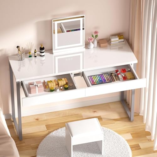 GreenForest Vanity Desk with 2 Drawers,Glossy Desktop White Desk for Bedroom,Makeup Table with Storage Space,Small Desk for Home Office,(39 inch No Mirror)