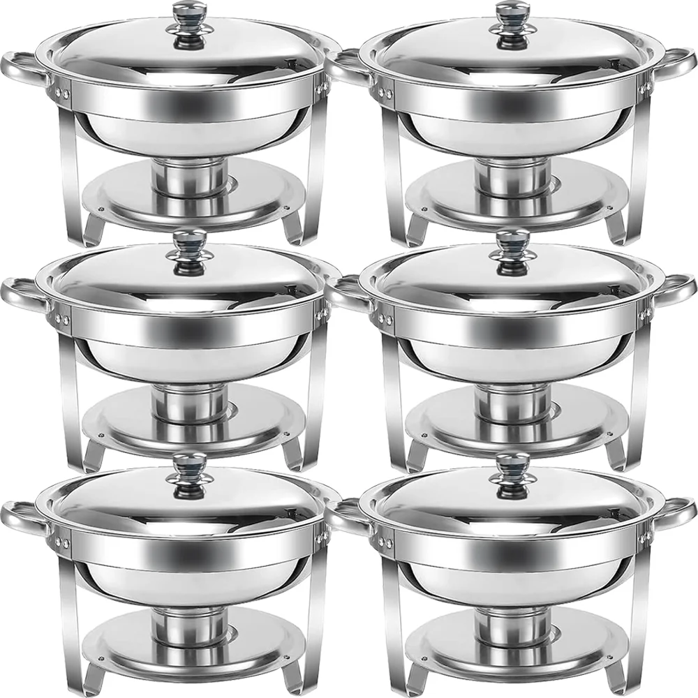 6 Pack Chafing Dish Buffet Set, 5QT Round Stainless Steel Chafer for Catering, Upgraded Chafers and Buffet Warmer Sets w/Food & Water Pan, Lid, Fuel Holder for Party Wedding Holiday