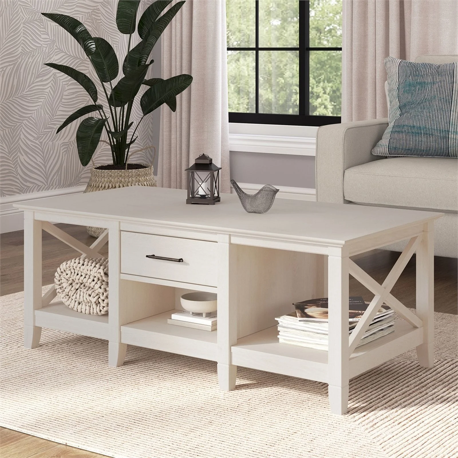 Bowery Hill Mid-Century Engineered Wood Coffee Table with Storage in White
