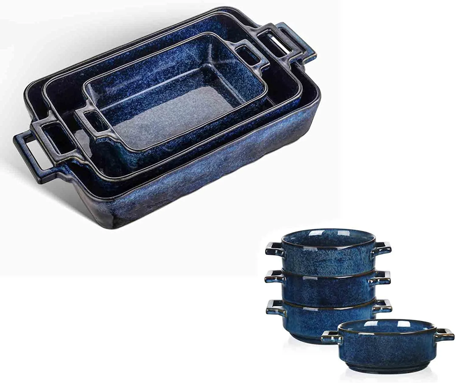 WAGEE 7-Piece Kitchen Bakeware Set, Soup Crocks for French Onion Soup, Porcelain Rectangular Baking Dish for Cooking, Kitchen, Cake Dinner, Microwave and Oven Safe (Blue)