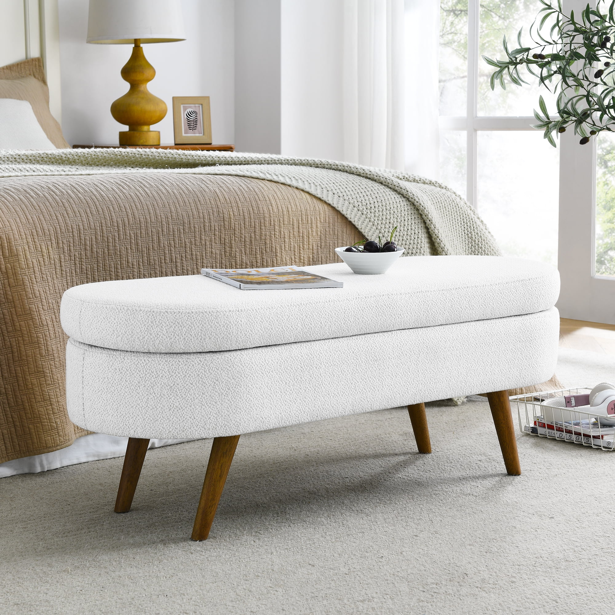 Ottoman Oval Storage Bench,Rubber Wood Legs,White(43.5