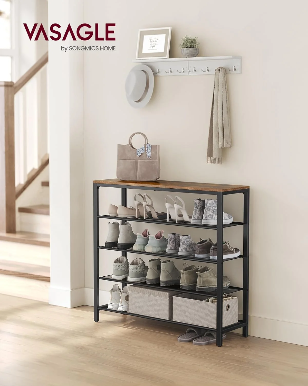 VASAGLE Shoe Rack, 5-Tier Shoe Storage Organizer for Entryway, Hallway, Closet - Industrial Rustic Brown and Black