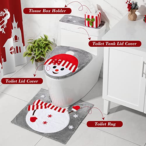 Luxspire Christmas Toilet Seat Cover and Rug Set of 4, Christmas Bathroom Decoration Set, Snowman Toilet Lid Cover, Toilet Rug, Toilet Tank Lid Cover, Tissue Box Cover, Home Decor