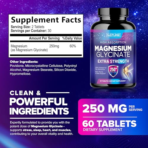 Magnesium Glycinate 250mg - High Absorption Chelated Magnesium Supplement - 100% Pure Magnesium Glycinate - Stress, Sleep, Heart, and Muscle Health Support - Non-GMO, Vegan, Gluten-Free (60 Tablets)