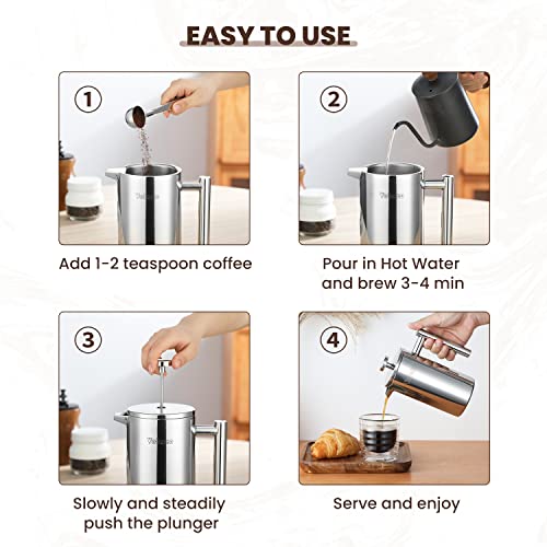 Velaze French Press Coffee Maker 34oz, Double Wall Insulated French Coffee Press Stainless Steel, 1L Coffee Maker Included 4 Extra Fliters and 1 Coffee Spoon, Silver