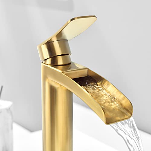 Phiestina Brushed Gold Tall Bathroom Vessel Sink Faucet, Single Hole Single Handle Waterfall Modern Bathroom Faucet, with Pop Up Drain and Water Supply Line, NS-SF01-BG-V