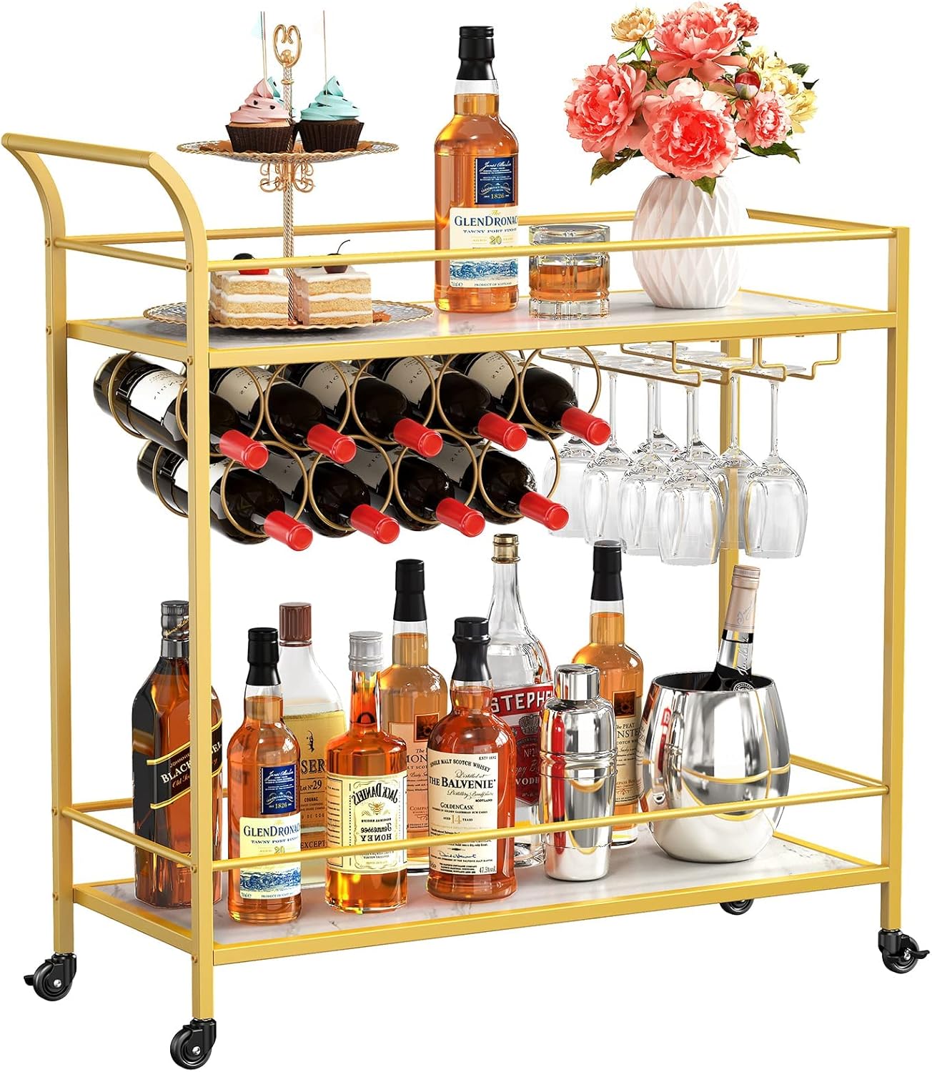 Lifewit Bar Cart, Home Bar Serving Cart, 2 Tier Drink Cart with 9 Wine Bottle Racks, Plastic Stackable Wine Rack for Refrigerator, Cabinet, Countertop,Wine Bottle Holder