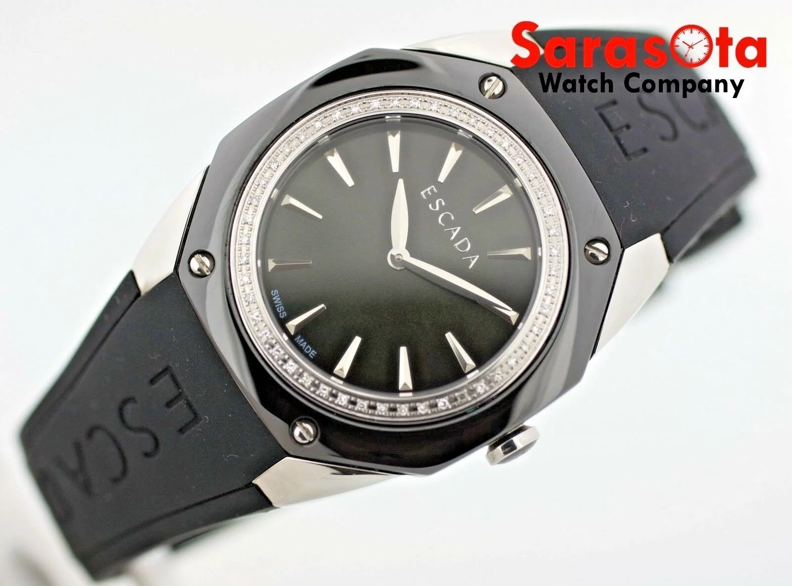 ESCADA Naomi Black Ceramic Steel Case Diamond Bezel Rubber Quartz Wrist Watch
