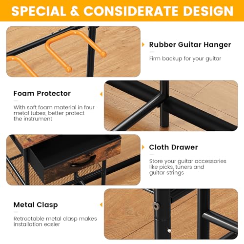 Guitar Stands Floor with 4 Guitar Holders, 3-Tier Guitar Stand Multiple Guitars, Guitar Rack with Amp Stand & Cloth Drawer, Multi Guitar Stand for Music Studio, Guitar Accessories gift for Music Lover