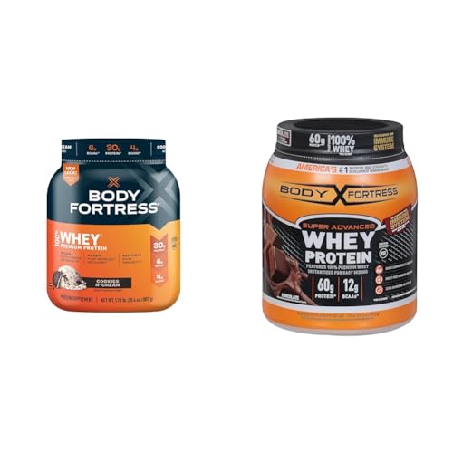 Body Fortress 100% Whey, Premium Protein Powder, Vanilla, 1.74lbs (Packaging May Vary) & 100% Whey, Premium Protein Powder, Strawberry, 1.78lbs (Packaging May Vary)
