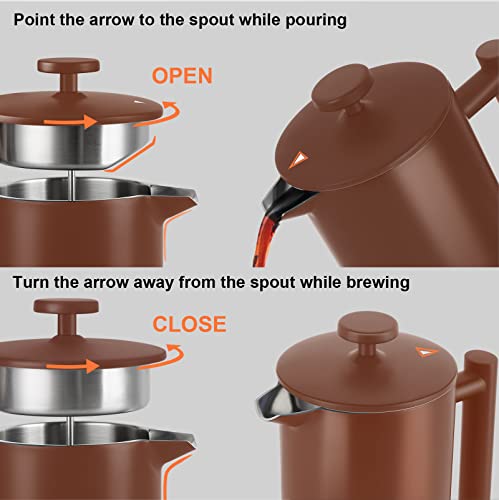 Secura French Press Coffee Maker, 304 Grade Stainless Steel Insulated Coffee Press with 2 Extra Screens, 34oz (1 Litre), Silver