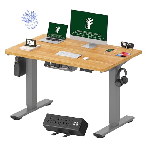 FLEXISPOT EN2 Whole-Piece Standing Desk with Clamp Power Strip, 55 x 28” Electric Stand Up Height Adjustable Desk with Cable Management (Black Frame + 55