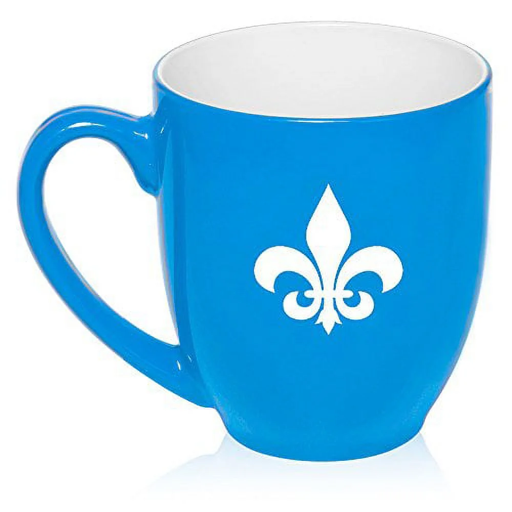 16 oz Light Blue Large Bistro Mug Ceramic Coffee Tea Glass Cup Fleur De Lis