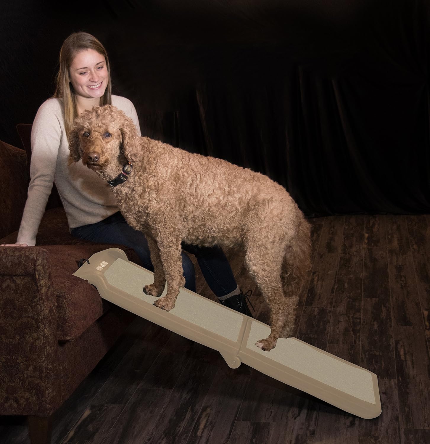 Pet Gear Travel Lite Bi-Fold Ramp for Cats/Dogs, Lightweight/Portable, Safety Tether Included, Rubber Grippers for Stability, PG9050TN, Bi-Fold Half Ramp 42 L, Tan, 42x16x4 Inch