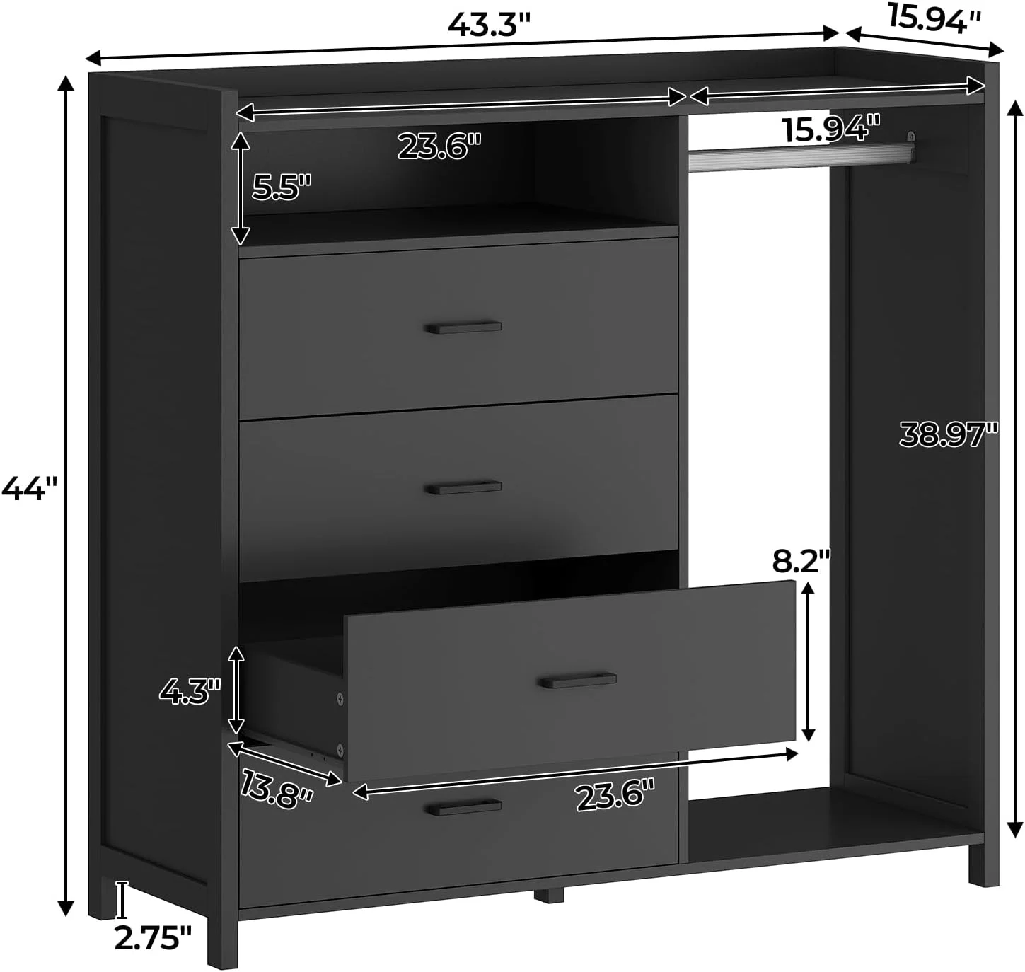 EPHEX 4 Drawer Dresser for Bedroom with Clothing Rack, Dressers and Chests of Drawers with LED Lights, Modern Long Led Dresser for Bedroom Closet, Black