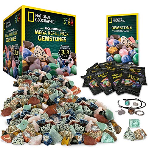 NATIONAL GEOGRAPHIC Rock Tumbler Refill Kit – 3 lbs. of Rough Gemstones and Rocks for Tumbling including Amethyst and Quartz – Rock Tumbler Supplies include Rock Tumbler Grit and Jewelry Accessories