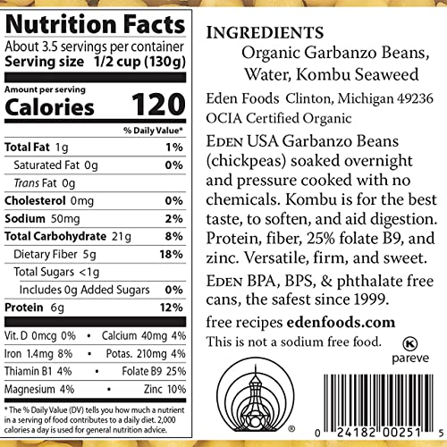 Eden Organic Garbanzo Beans, 15 oz Can, No Salt, Non-GMO, Gluten Free, Vegan, Kosher, U.S. Grown, Heat and Serve, Macrobiotic, Chickpeas
