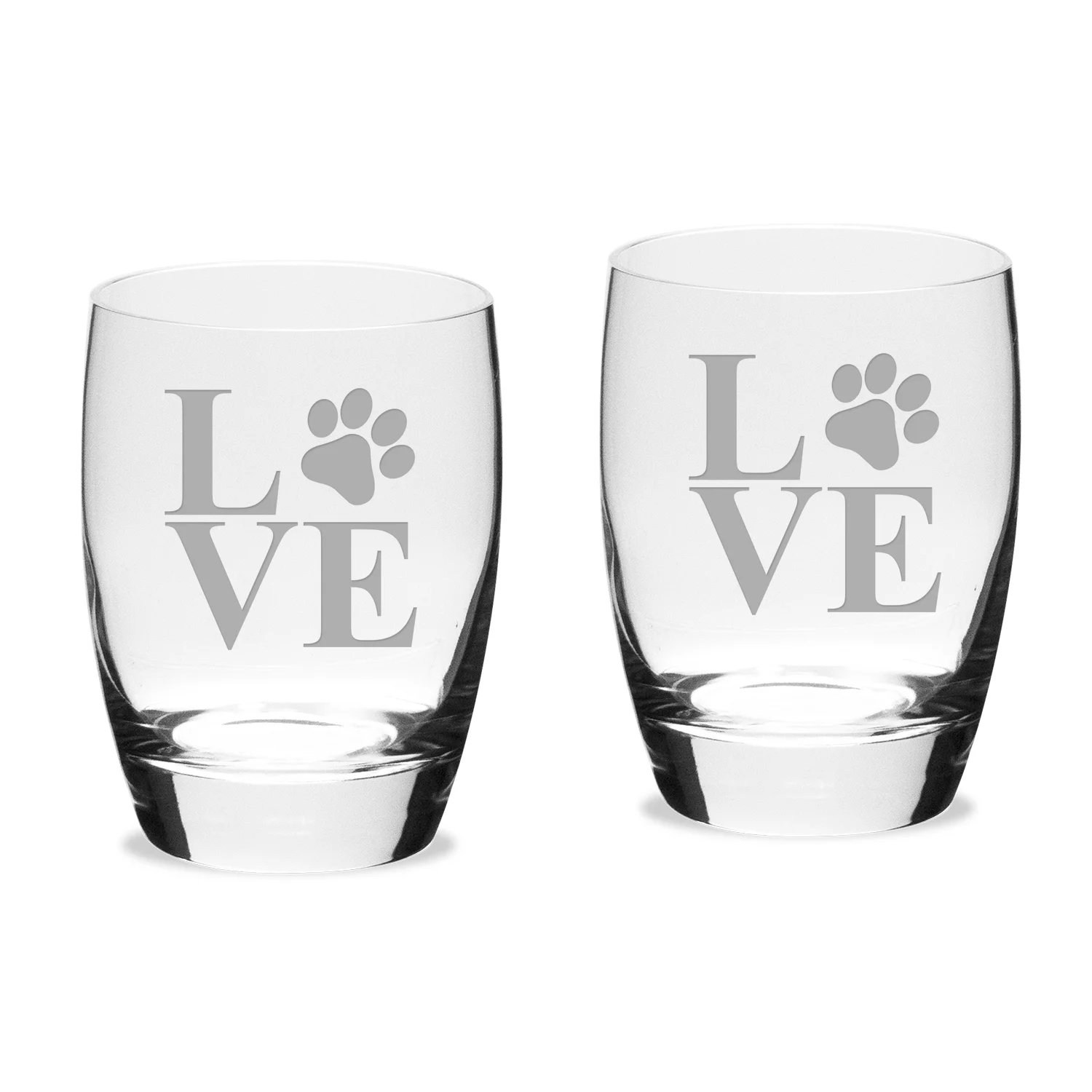 Paw Print LOVE Deep Etched Luigi B Michelangelo Double Old Fashion Glass Set of 2