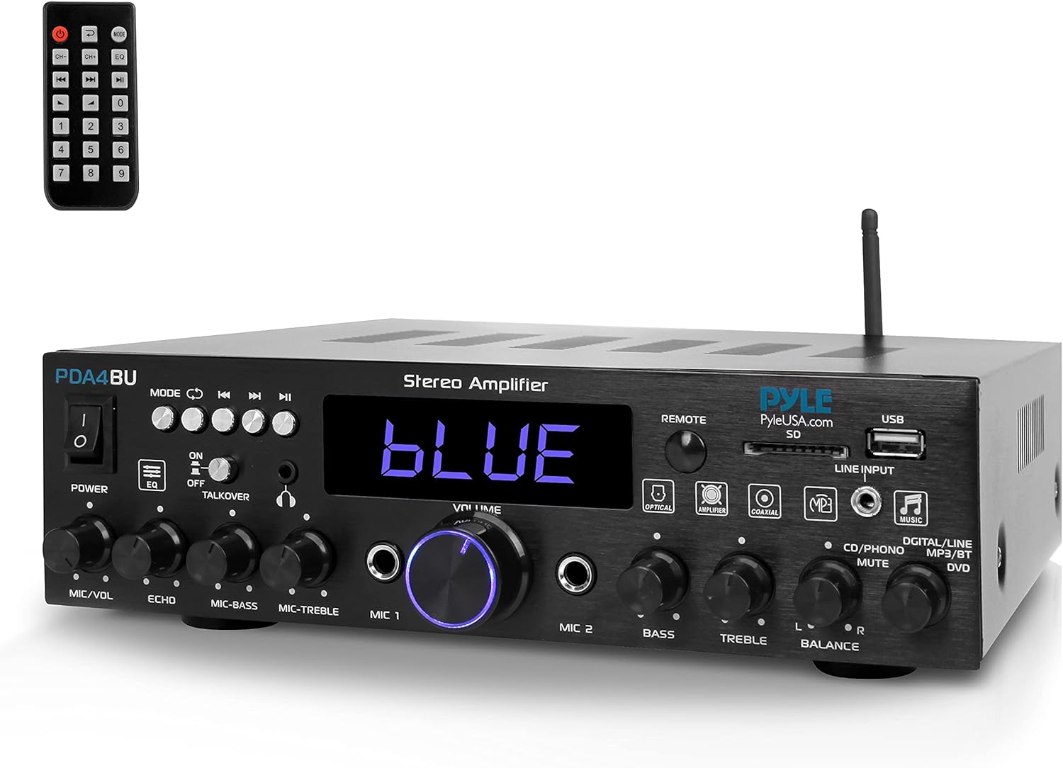 Wireless Bluetooth Home Stereo Amplifier-Multi-Channel 200 Watt Power Amplifier Home Audio Receiver System W/Optical/Phono/Coaxial, FM Radio, USB/SD, AUX, RCA, Mic in-Antenna, Remote-Pyle PDA4BU