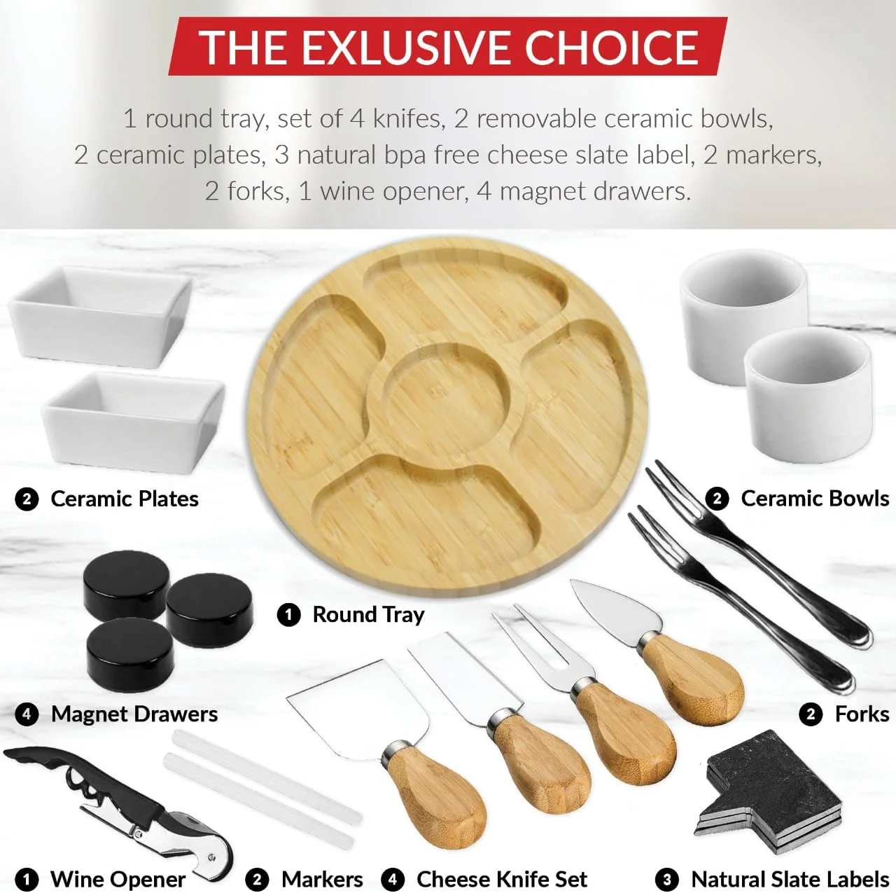 Large Charcuterie Board Set - Bonus Recipe Book - 2 Ceramic Bowls & Plates, 4 Magnetic Drawers Bamboo Cheese Knife Set, Round Tray - Christmas & Housewarming Gifts