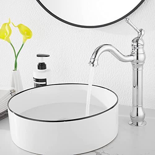 GGStudy 360° Swivel Antique Brass Bathroom Vessel Sink Faucet Single Handle One Hole Matching with Pop Up Drain