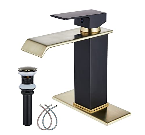 White Gold Faucet Bathroom Vessel Sink Golden Waterfall Spout Faucet Single Handle Bowl Sink Faucet Modern Single Hole Basin Vanity Tall Bathroom Sink Faucet with Pop Up Drain Stopper Supply Hose