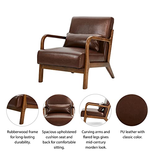 Glitzhome 2 Set Mid Century Black Accent Armchair, Single Reading Armchair PU Leather Lounge Chair with Walnut Ruberwood Frame