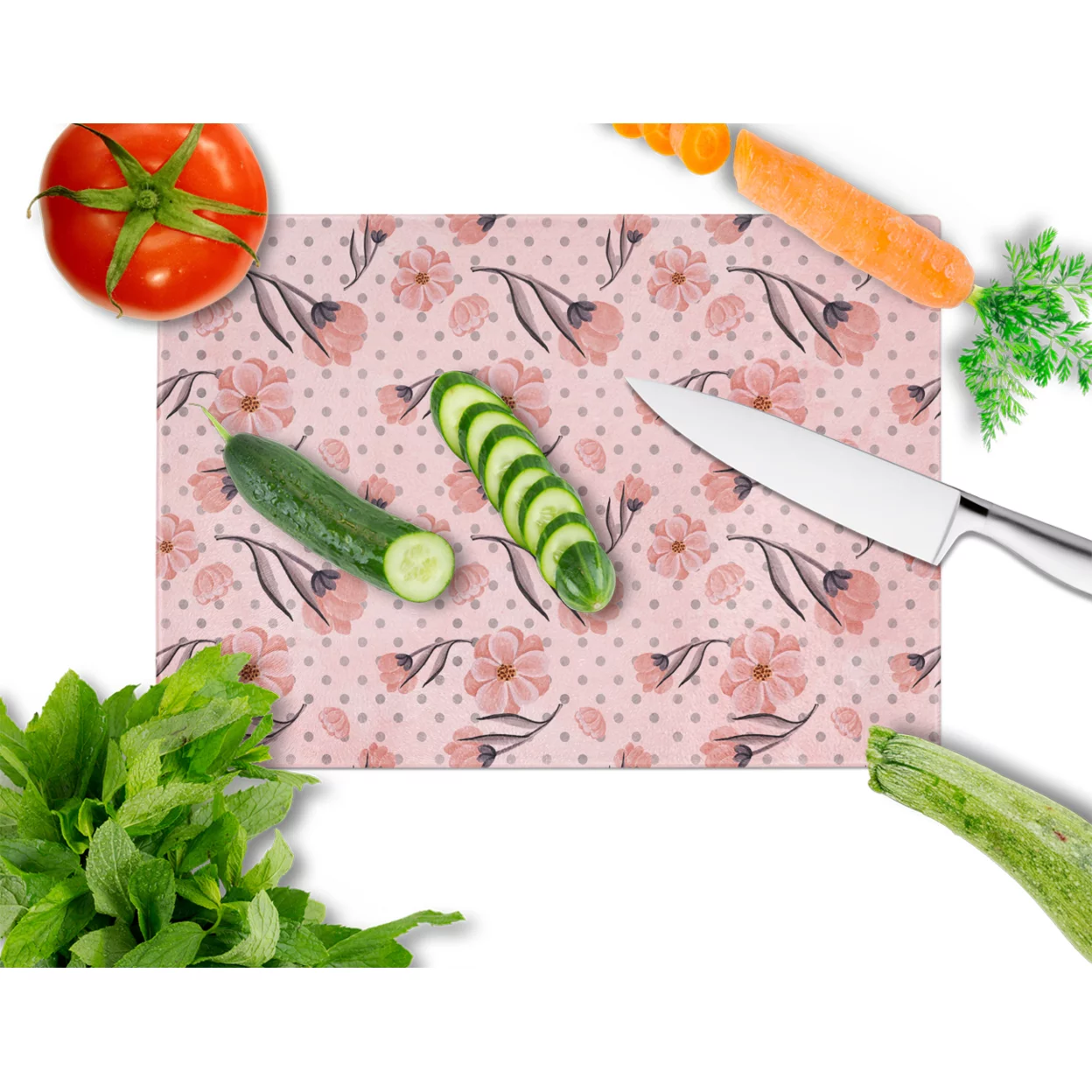 Caroline's Treasures Pink Flowers and Polka Dots Glass Cutting Board Large