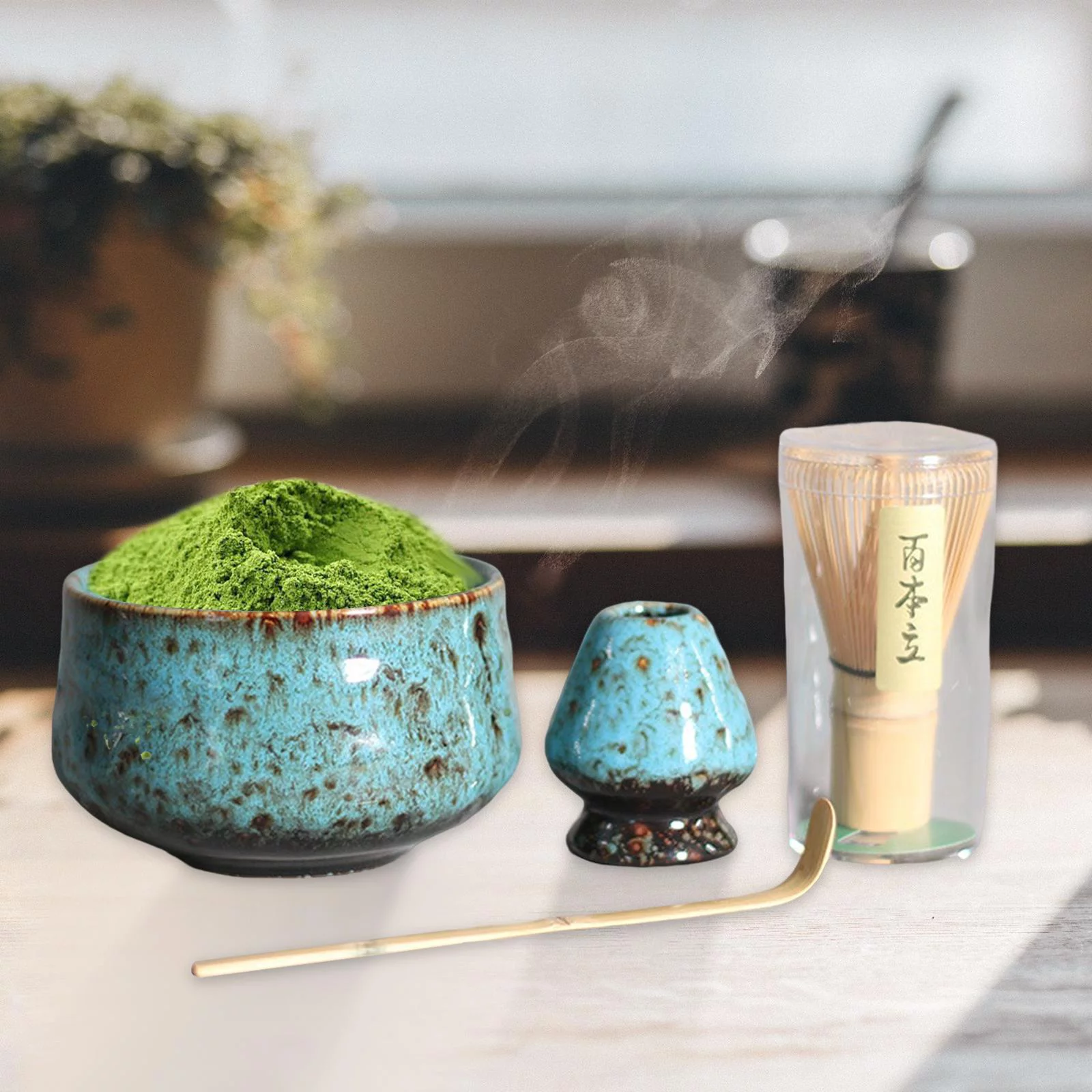 4 Pieces Matcha Set Tea Spoon Traditional , Matcha Bowl, Whisk Holder, Ceramics Blue