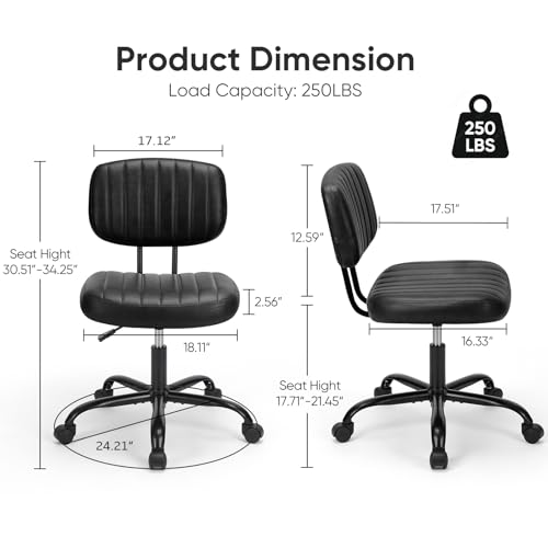 DUMOS Armless Small Home Office Desk Chair - Vanity Task Chair with Low Back, Height Adjustable PU Leather Swivel Computer Chair with 360° Rolling Wheels, Deep Brown