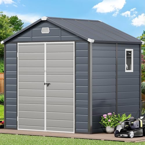 YITAHOME 8x6.2FT Resin Storage Unit sans Flooring, All-Weather Plastic Shed with Window, Vents and Secured Doors, Outdoor Plastic Tool Cabin for Poolside, Lawn, Backyard, Patio, Dark Gray