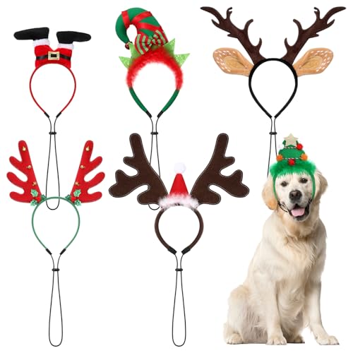 6pcs Christmas Dog Headband Xmas Pet Reindeer Santa Claus Headwear Cute Funny with Adjustable Rubber Band Headband Antlers Christmas Pet Costume for Dog Puppy Cat Accessory