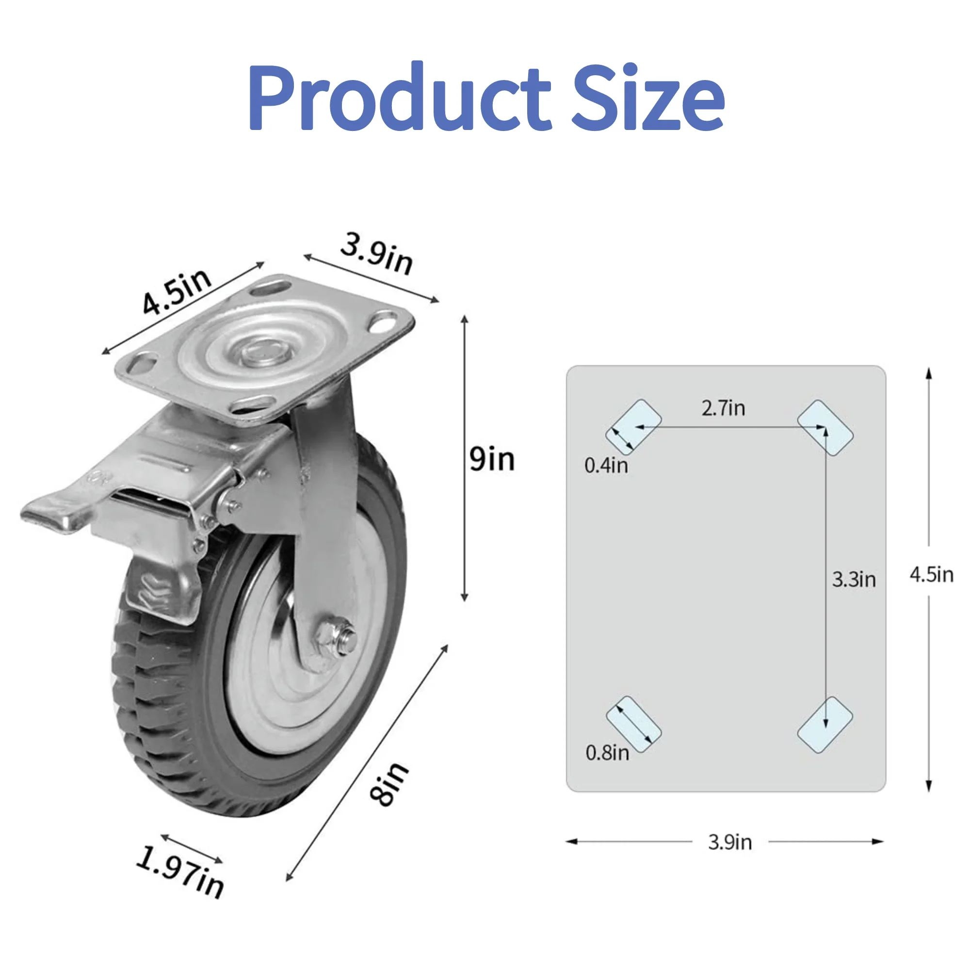 tonchean 4 Pack 8'' Caster Wheels, Heavy Duty Anti-Skid Rubber Swivel Casters with 360° Rotation Ball Bearing Silent Top Plate, Grey