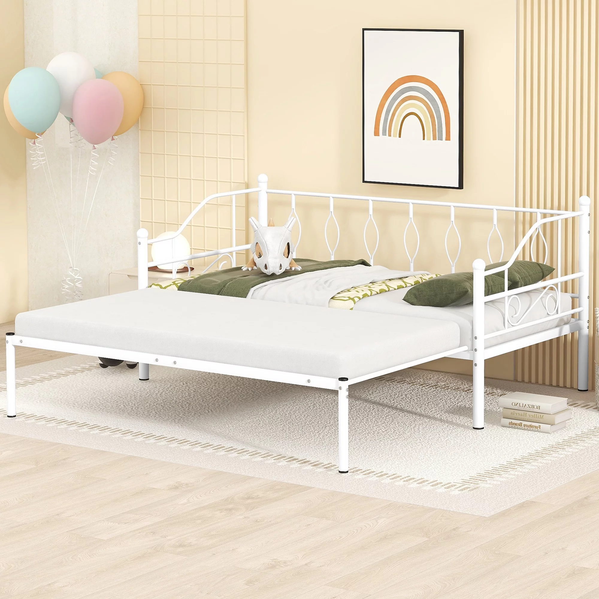 Twin Size Metal Frame Daybed with Trundle, Heavy Duty Steel Slat Support Saving Space Bed Sofa, Bedroom Living Room Furniture for Kids Boys Girls Teens Adults Guests, No Spring Box Needed, White