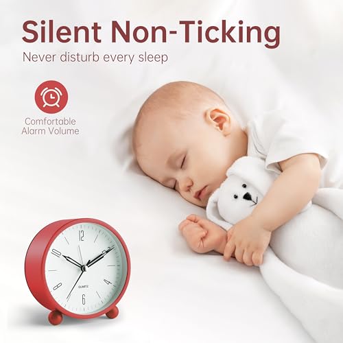 Analog Alarm Clock, 4 inch Super Silent Non Ticking Small Clock with Night Light, Battery Operated, Simple Design, easy setting for Office, Bedroom, Bedside, Desk, teens, elders, kids, adult, Green