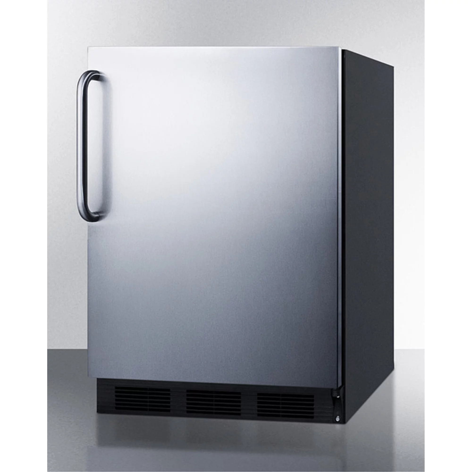 Built-in undercounter refrigerator-freezer for residential use, cycle defrost with a stainless steel wrapped door, towel bar handle, and black cabinet