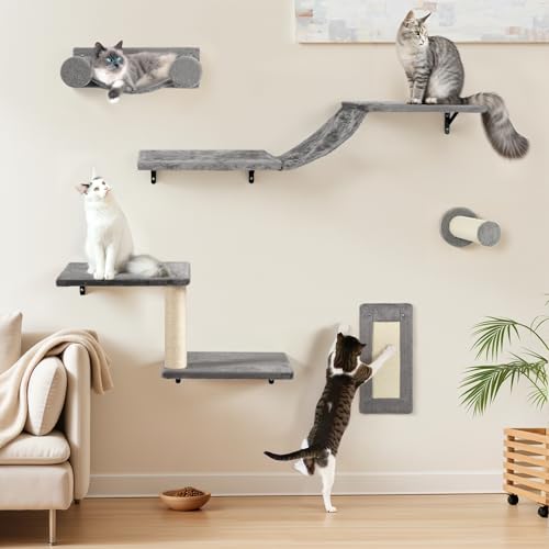 NUNU LAB 5-in-1 Wall-Mounted Cat Climber Set, Cats Wall Shelve, Wall-Mounted Cat Climbing Shelves, with House, Bridge, Steps, Scratcher, Hammock, Shelves (A-KM060)