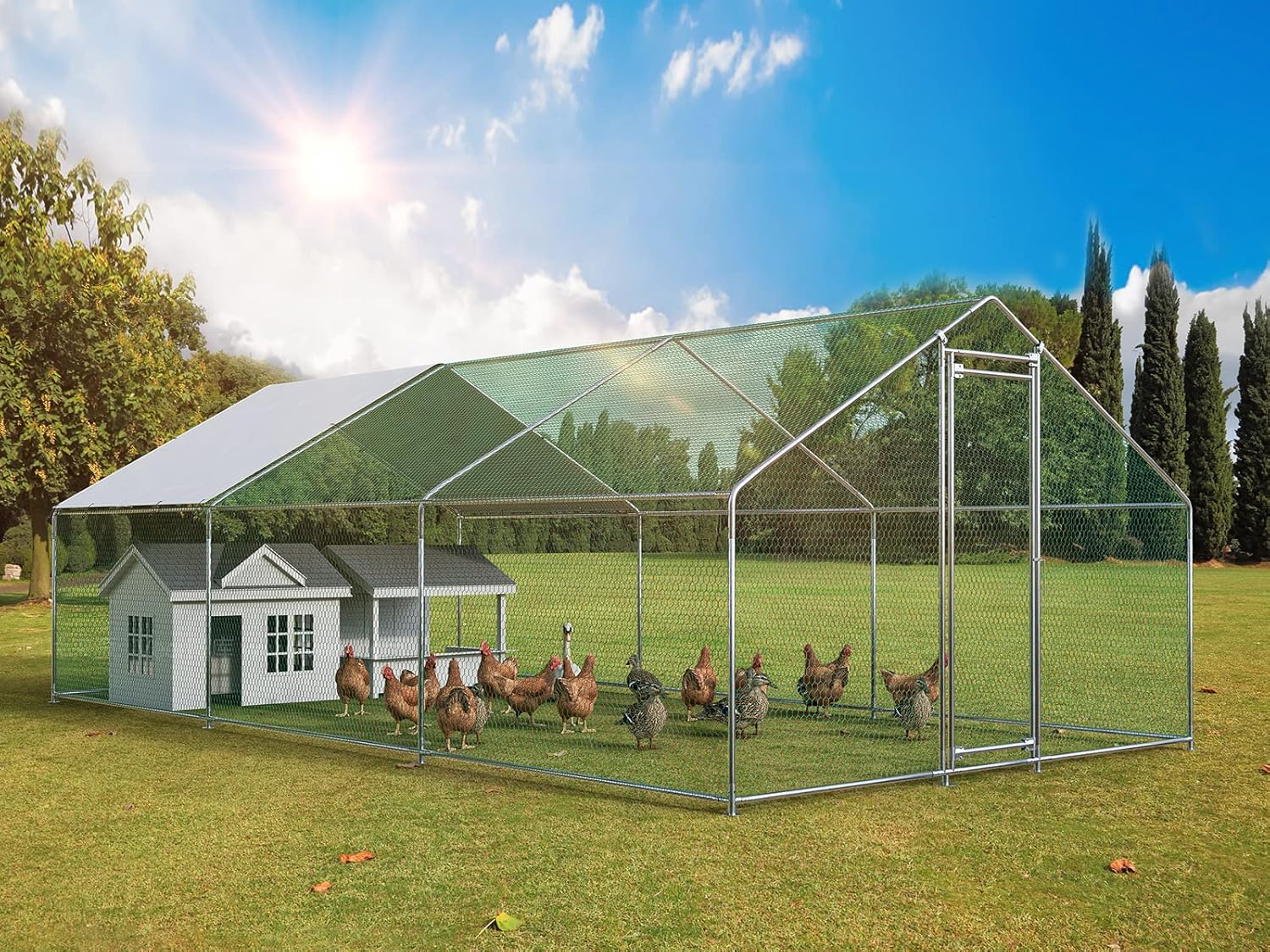 Oarlike Metal Chicken Coop for 20 Chickens Large Chicken Runs for Yard with Cover Galvanized Steel Chicken Pen Outdoor for Hen Duck Rabbits Goose Puppy Heavy Duty Walk-in Poultry Cage for Outside